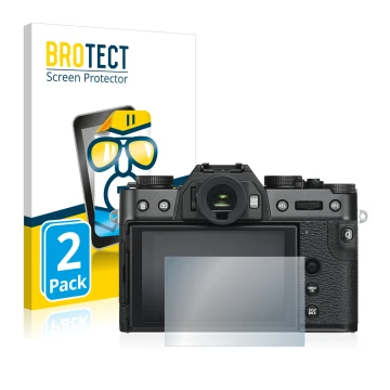 Face avant d’un emballage produit avec le logo de la marque BROTECT. À côté, l’appareil Fujifilm X-T30 est représenté avec la 