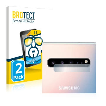Face avant d’un emballage produit avec le logo de la marque BROTECT. À côté, l’appareil Samsung Galaxy S10 5G (Caméra UNIQUEME