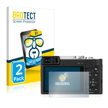 Face avant d’un emballage produit avec le logo de la marque BROTECT. À côté, l’appareil Panasonic Lumix DC-TZ96 est représenté