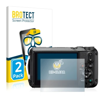 Face avant d’un emballage produit avec le logo de la marque BROTECT. À côté, l’appareil Ricoh WG-6 est représenté avec la prot