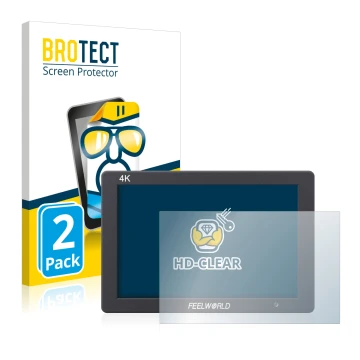 Face avant d’un emballage produit avec le logo de la marque BROTECT. À côté, l’appareil Feelworld T7 7
