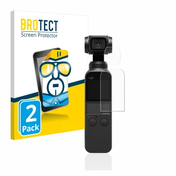 Face avant d’un emballage produit avec le logo de la marque BROTECT. À côté, l’appareil DJI Osmo Pocket (Affichage + Lentille)