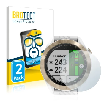 Face avant d’un emballage produit avec le logo de la marque BROTECT. À côté, l’appareil Garmin Approach S40 est représenté ave