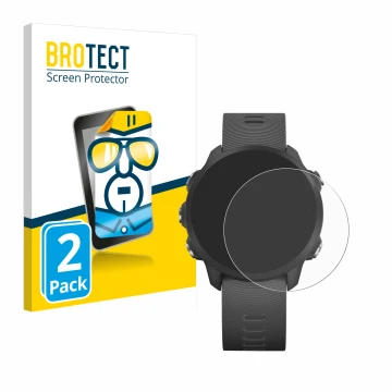 Face avant d’un emballage produit avec le logo de la marque BROTECT. À côté, l’appareil Garmin Forerunner 245 Music est représ