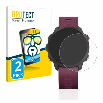 Face avant d’un emballage produit avec le logo de la marque BROTECT. À côté, l’appareil Garmin Forerunner 245 est représenté a