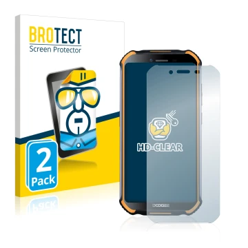 Face avant d’un emballage produit avec le logo de la marque BROTECT. À côté, l’appareil Doogee S40 est représenté avec la prot