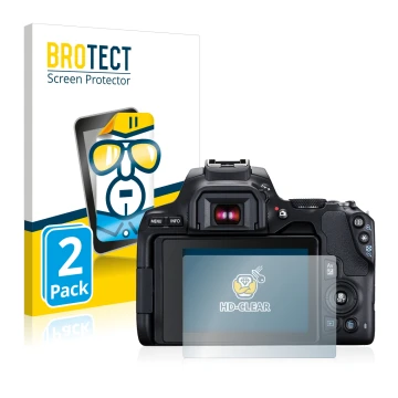 Face avant d’un emballage produit avec le logo de la marque BROTECT. À côté, l’appareil Canon EOS 250D est représenté avec la 
