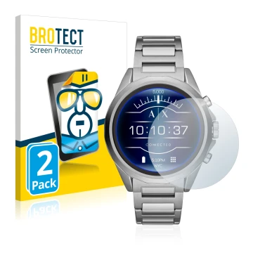 Face avant d’un emballage produit avec le logo de la marque BROTECT. À côté, l’appareil Emporio Armani Connected Exchange AXT2