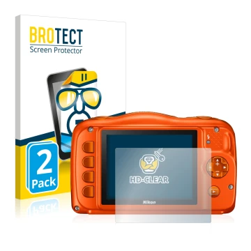 Face avant d’un emballage produit avec le logo de la marque BROTECT. À côté, l’appareil Nikon Coolpix W150 est représenté avec
