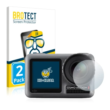 Face avant d’un emballage produit avec le logo de la marque BROTECT. À côté, l’appareil DJI Osmo Action (Lentille) est représe
