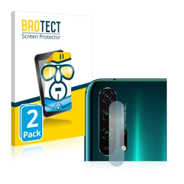 Face avant d’un emballage produit avec le logo de la marque BROTECT. À côté, l’appareil Honor 20 Pro (Caméra UNIQUEMENT) est r