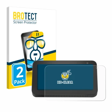 Face avant d’un emballage produit avec le logo de la marque BROTECT. À côté, l’appareil Amazon Echo Show 5 (2e Gen.) est repré