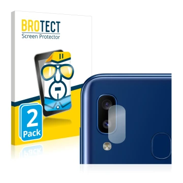 Face avant d’un emballage produit avec le logo de la marque BROTECT. À côté, l’appareil Samsung Galaxy A20e (Caméra UNIQUEMENT