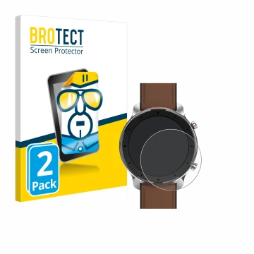 Face avant d’un emballage produit avec le logo de la marque BROTECT. À côté, l’appareil Huami Amazfit GTR (47 mm) est représen