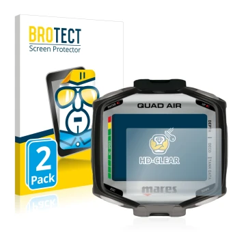 Face avant d’un emballage produit avec le logo de la marque BROTECT. À côté, l’appareil Mares Quad Air est représenté avec la 