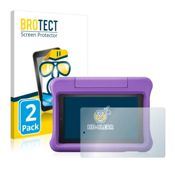 Face avant d’un emballage produit avec le logo de la marque BROTECT. À côté, l’appareil Amazon Fire 7 Kids Edition 2019 (9ème 