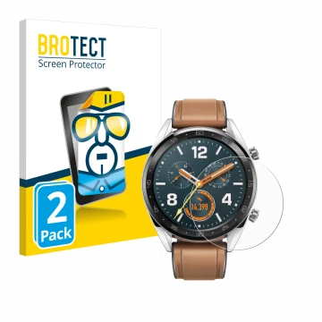 Face avant d’un emballage produit avec le logo de la marque BROTECT. À côté, l’appareil Huawei Watch GT Classic est représenté