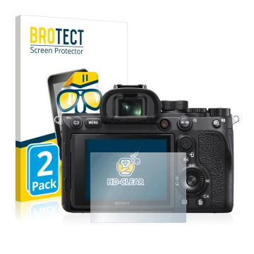 Face avant d’un emballage produit avec le logo de la marque BROTECT. À côté, l’appareil Sony Alpha 7R IV est représenté avec l