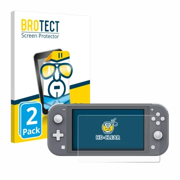 Face avant d’un emballage produit avec le logo de la marque BROTECT. À côté, l’appareil Nintendo Switch Lite est représenté av