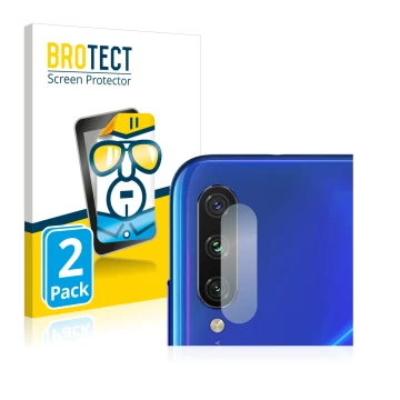 Face avant d’un emballage produit avec le logo de la marque BROTECT. À côté, l’appareil Xiaomi Mi A3 (Caméra UNIQUEMENT) est r