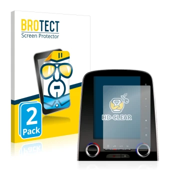 Face avant d’un emballage produit avec le logo de la marque BROTECT. À côté, l’appareil Renault Scenic R-Link 2 8.7