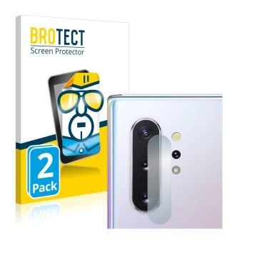 Face avant d’un emballage produit avec le logo de la marque BROTECT. À côté, l’appareil Samsung Galaxy Note 10 Plus (Caméra UN