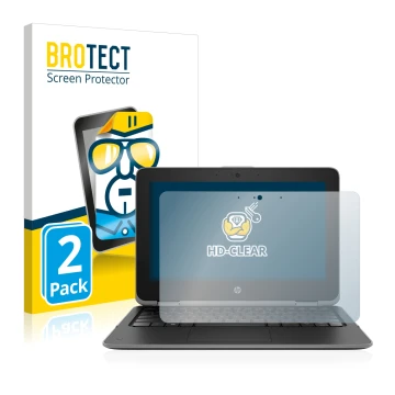 Face avant d’un emballage produit avec le logo de la marque BROTECT. À côté, l’appareil HP ProBook x360 11 G3 est représenté a