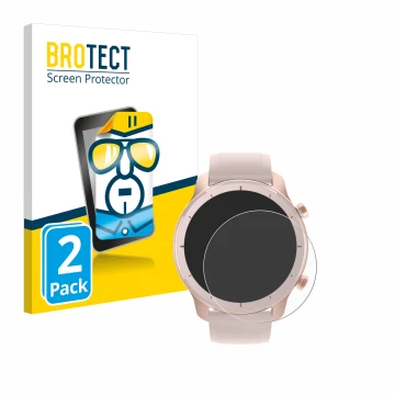 Face avant d’un emballage produit avec le logo de la marque BROTECT. À côté, l’appareil Huami Amazfit GTR (42 mm) est représen