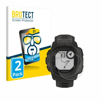 Face avant d’un emballage produit avec le logo de la marque BROTECT. À côté, l’appareil Garmin Instinct Tactical Edition est r
