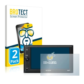 Face avant d’un emballage produit avec le logo de la marque BROTECT. À côté, l’appareil Sony XAV-AX1005DB est représenté avec 