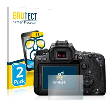 Face avant d’un emballage produit avec le logo de la marque BROTECT. À côté, l’appareil Canon EOS 90D est représenté avec la p