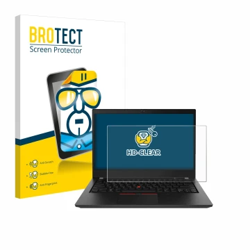 Face avant d’un emballage produit avec le logo de la marque BROTECT. À côté, l’appareil Lenovo ThinkPad T490 Non-Touch est rep
