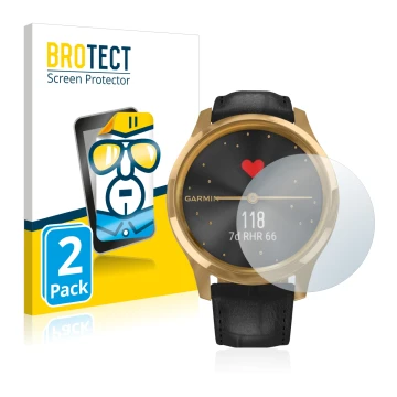 Face avant d’un emballage produit avec le logo de la marque BROTECT. À côté, l’appareil Garmin vivomove Luxe (42 mm) est repré