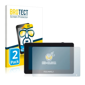 Face avant d’un emballage produit avec le logo de la marque BROTECT. À côté, l’appareil Feelworld F6 Plus est représenté avec 