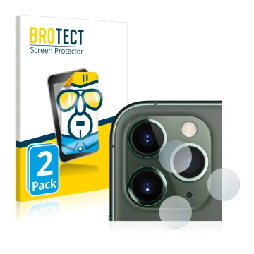 Face avant d’un emballage produit avec le logo de la marque BROTECT. À côté, l’appareil Apple iPhone 11 Pro Max (Caméra UNIQUE