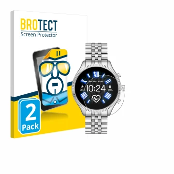Face avant d’un emballage produit avec le logo de la marque BROTECT. À côté, l’appareil Michael Kors Access Lexington 2 est re