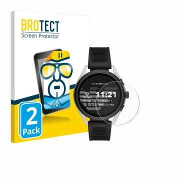 Face avant d’un emballage produit avec le logo de la marque BROTECT. À côté, l’appareil Emporio Armani Connected Smartwatch 3 