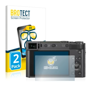 Face avant d’un emballage produit avec le logo de la marque BROTECT. À côté, l’appareil Panasonic Lumix DC-TZ200 est représent