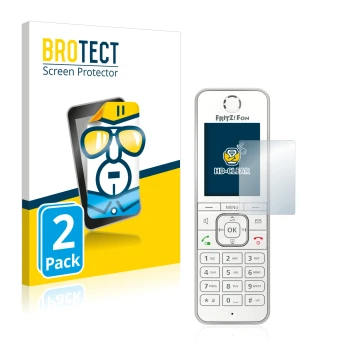 Face avant d’un emballage produit avec le logo de la marque BROTECT. À côté, l’appareil AVM Fritz!Fon C6 est représenté avec l