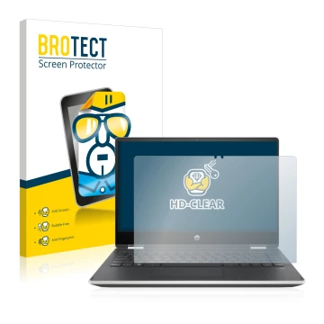 Face avant d’un emballage produit avec le logo de la marque BROTECT. À côté, l’appareil HP Pavilion x360 (14-dhX) est représen