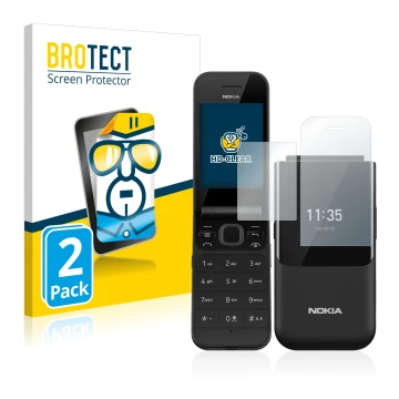 Face avant d’un emballage produit avec le logo de la marque BROTECT. À côté, l’appareil Nokia 2720 Flip est représenté avec la