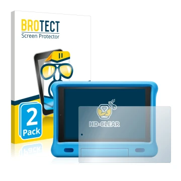 Face avant d’un emballage produit avec le logo de la marque BROTECT. À côté, l’appareil Amazon Fire HD 10 Kids 2019 (9ème Gen.
