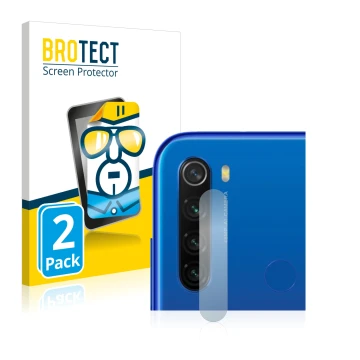 Face avant d’un emballage produit avec le logo de la marque BROTECT. À côté, l’appareil Xiaomi Redmi Note 8T (Caméra UNIQUEMEN