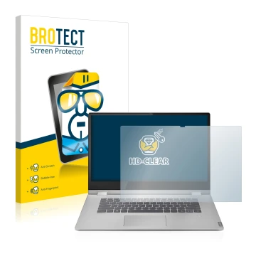 Face avant d’un emballage produit avec le logo de la marque BROTECT. À côté, l’appareil Lenovo IdeaPad C340 15