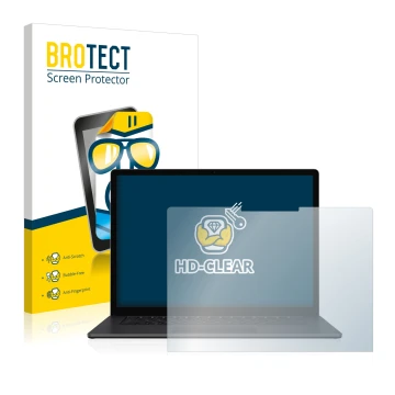 Face avant d’un emballage produit avec le logo de la marque BROTECT. À côté, l’appareil Microsoft Surface Laptop 3 15