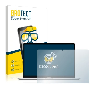 Face avant d’un emballage produit avec le logo de la marque BROTECT. À côté, l’appareil Apple MacBook Pro 16