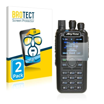 Face avant d’un emballage produit avec le logo de la marque BROTECT. À côté, l’appareil AnyTone AT-D878UV est représenté avec 