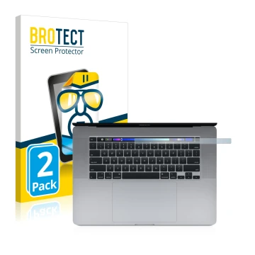 Face avant d’un emballage produit avec le logo de la marque BROTECT. À côté, l’appareil Apple MacBook Pro 16