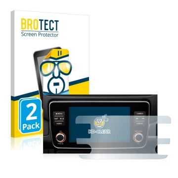 Face avant d’un emballage produit avec le logo de la marque BROTECT. À côté, l’appareil Nissan Leaf E Plus Infotainment System