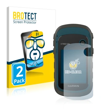 Face avant d’un emballage produit avec le logo de la marque BROTECT. À côté, l’appareil Garmin eTrex 22x est représenté avec l